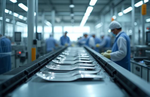 Modern kitchenware manufacturing facility interior showing production line.