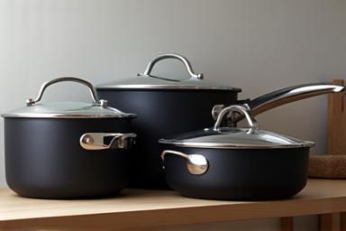 Non-stick cookware set displayed on a shelf.
