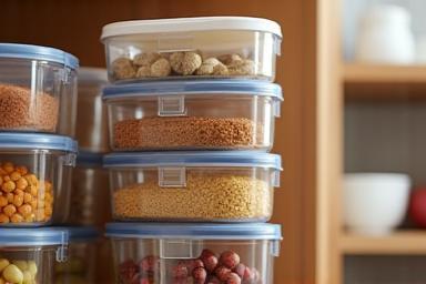 Stackable food storage containers in a kitchen cupboard.